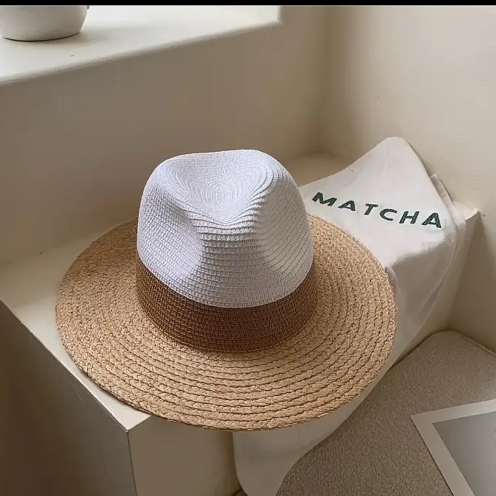 Stylish White and Tan Straw Hat